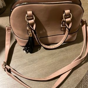 Taupe faux leather textured bag with crossbody strap